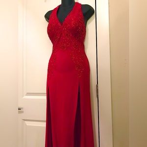Niki Livas Red Lace Sequin & Beaded Gown Prom Formal